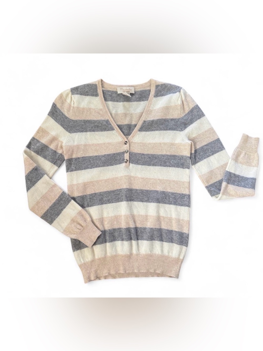 Mainbocher Striped V-Neck Pullover Sweater - Cream, Gray & Beige